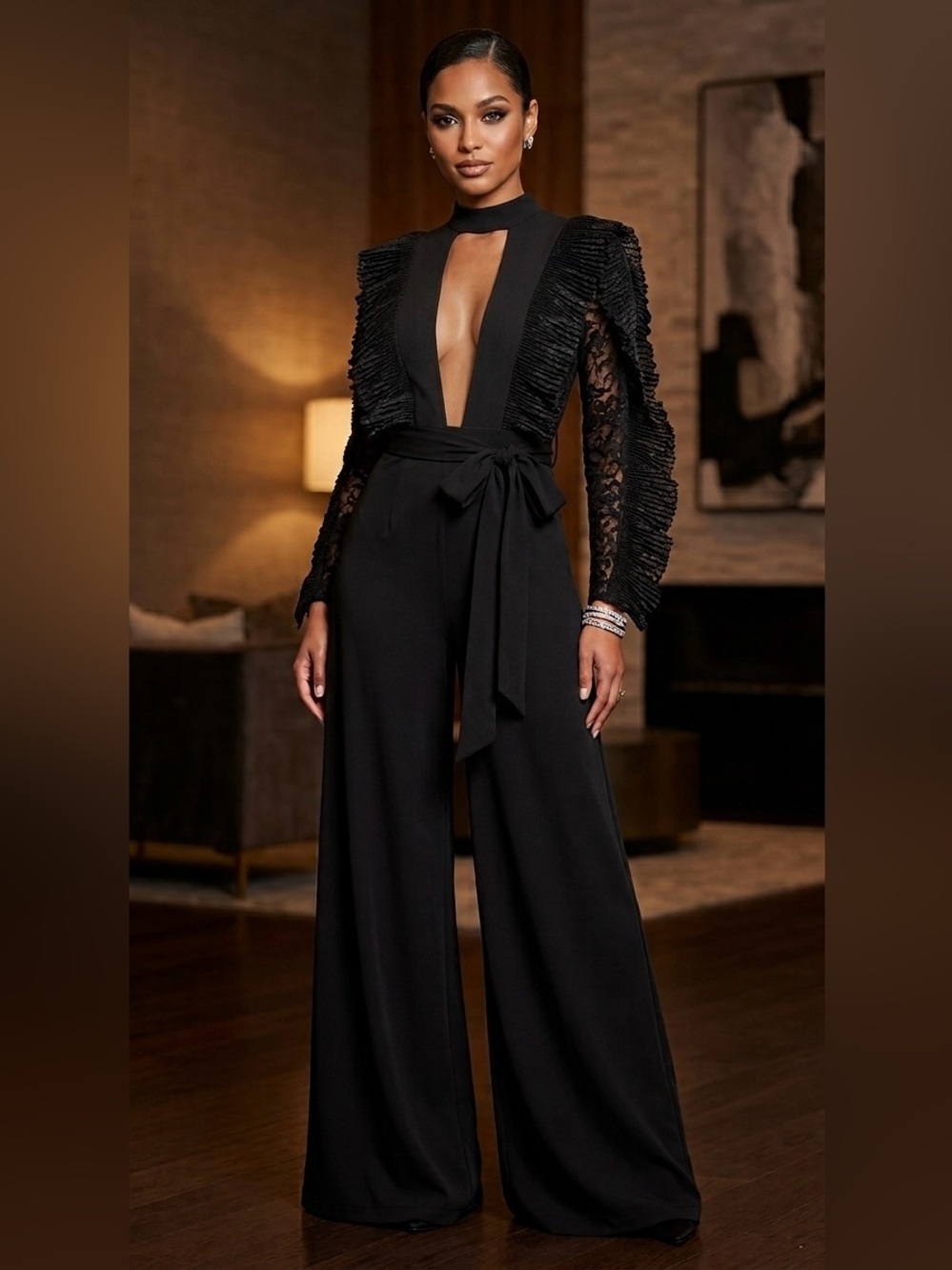 Monaco Black Long-Sleeve plunge jumpsuit with Waist Tie